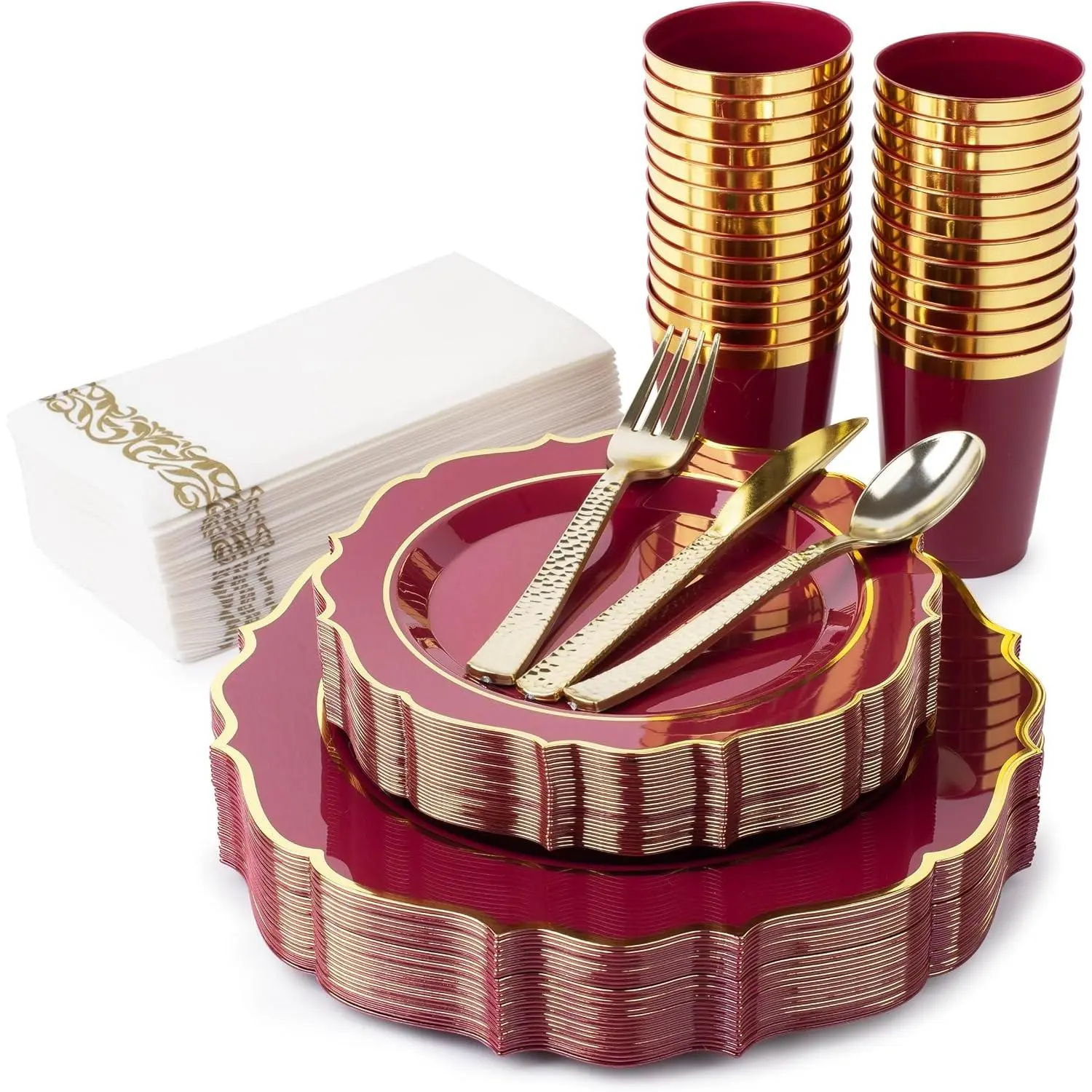 Burgundy & Gold Disposable Dinnerware Set Serves 25 People, 175 Pc Heavy Duty Plastic Plates, Cups, Gold Cutlery & Napkins, Elegant Wedding Dinnerware for Thanksgiving, Christmas & Parties