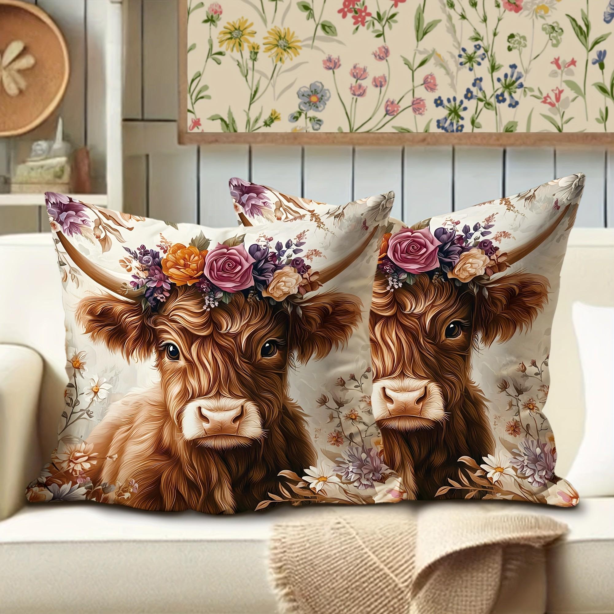 Farmhouse Style Highland Cow Plant Flower Pattern Decorative Pillow Covers, 2-Pack, Invisible Zipper, Easy Clean, Home Decor