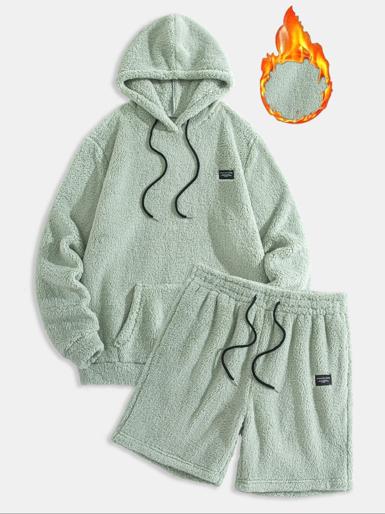 Men's Thermal Hoodie & Drawstring Waist Short Set, Hooded Sweatshirt Set, Casual Fashion Cozy Breathable Two-piece Outfits for Daily Outdoor Wear, Men Clothes for Spring & Fall