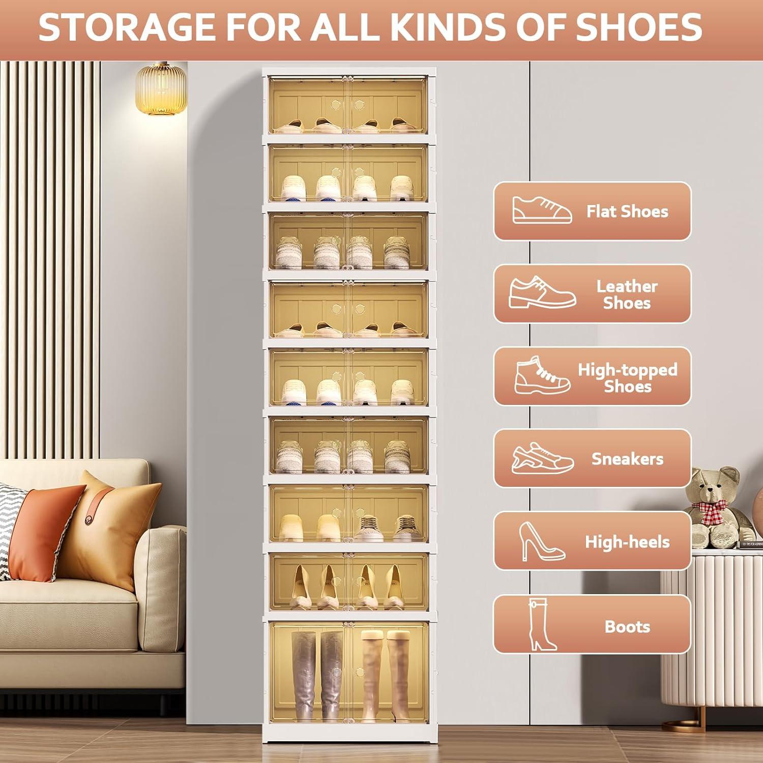 1/2Pcs 9/18 Tier foldable shoe cabinet,Can store 18 pairs of shoes,Plastic Collapsible Shoes Storage Box Clear Shoe Boxes Stackable with Door Shoe Cabinet Bins with Lids Large Organiser Racks shoe rack organizer men room accessories shoe cabinet storage