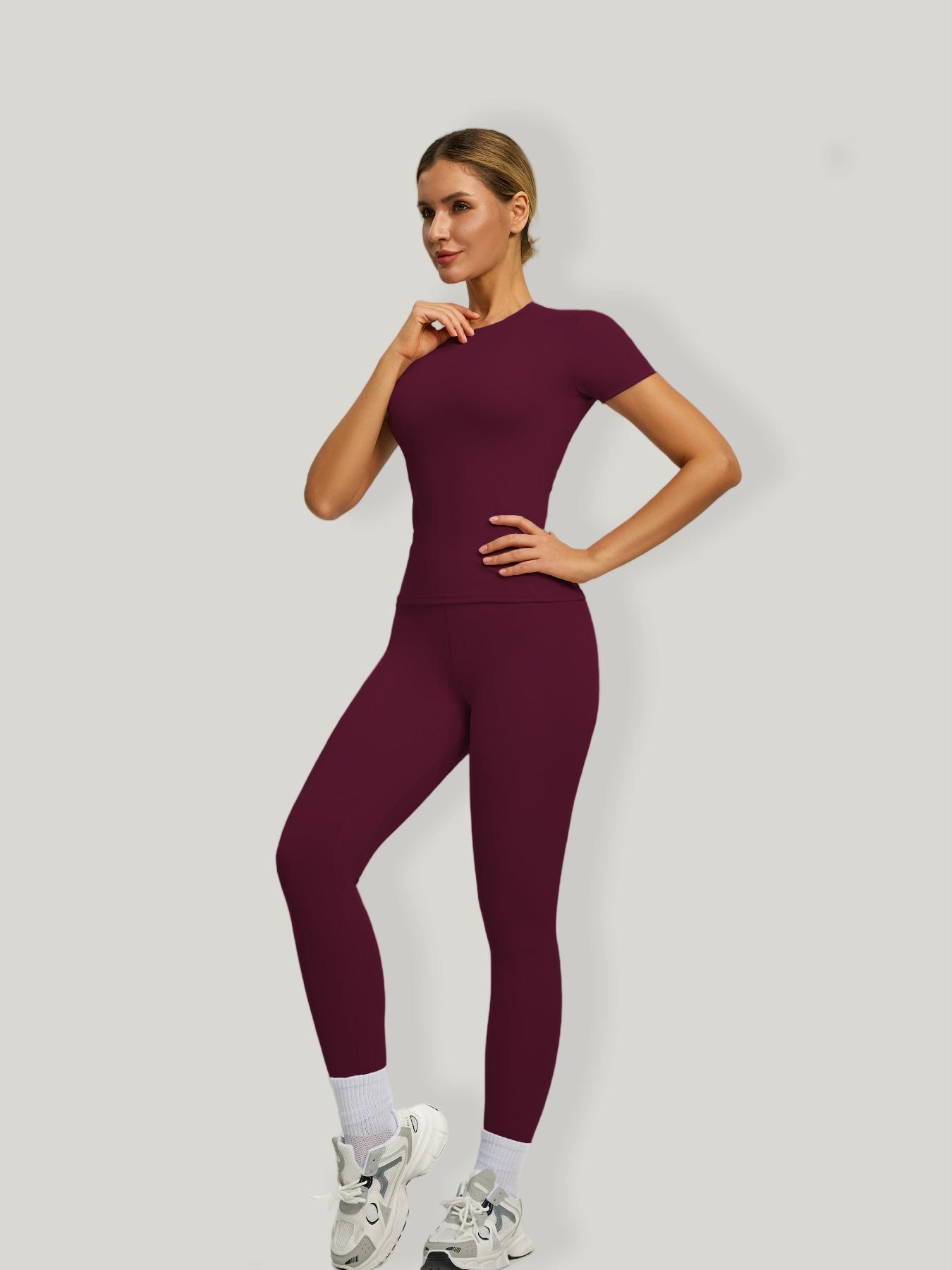 Women's Short Sleeve Sporty Set, High Waist Yoga Pants & T-Shirt Combo, Ideal for Fitness Gym Sculpting Workout, Workout Running Clothes
