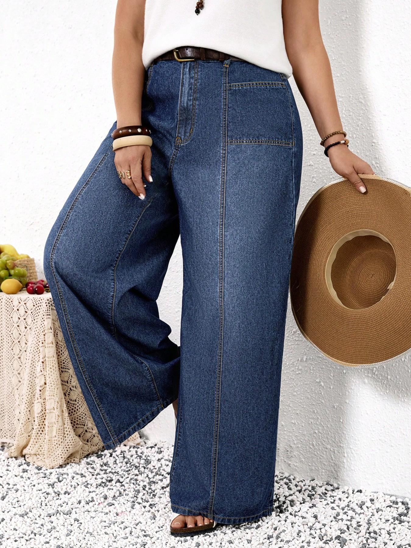 Plus Size Wide Leg Jeans, High Waist Elastic Back Jean with Pockets, Loose Fit Daily Casual Wear, All Seasons Patchwork Design