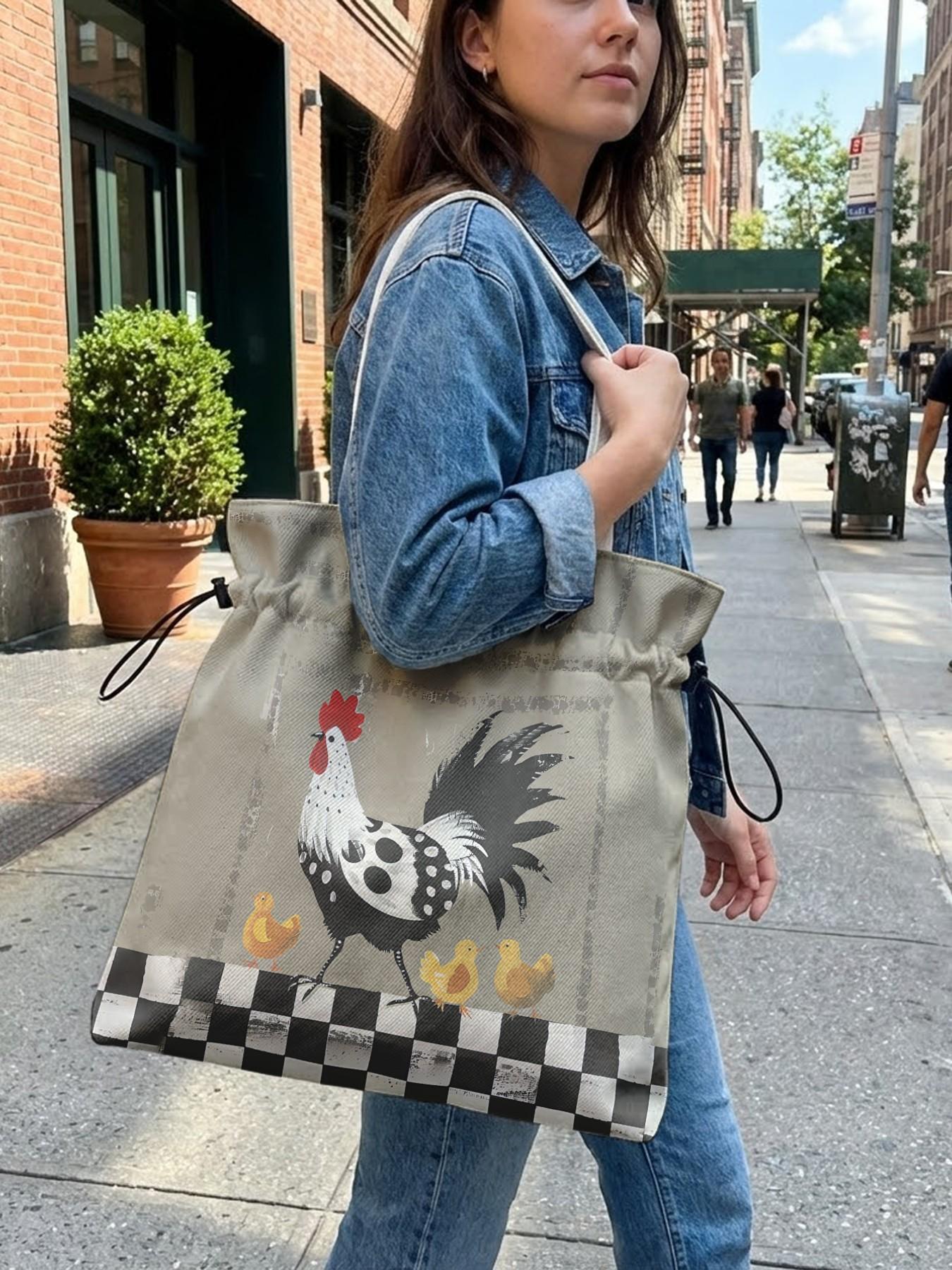 Rooster Pattern 2D Printed Drawstring Stylish Tote Bag, Large Capacity Shopping Bag, Durable and Wear-Resistant, Ideal for Work, Shopping, Picnic