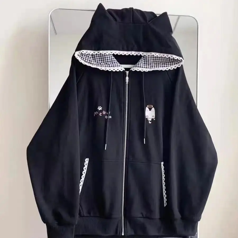 Cat Ears Hooded Sweatshirts Jackets Women's Clothing Long Sleeve Zipper Cartoon Jacket Casual Fashion Korean Y2k Hoodies Coats