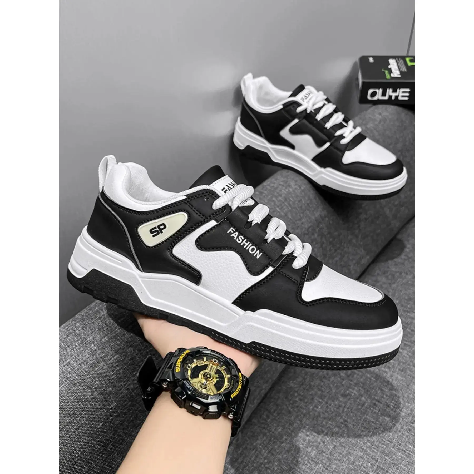 YYW1 Men's Comfortable Soft Sole Sneakers, Versatile Trendy Board Shoes, Lightweight Thick Bottom Casual Shoes, All Seasons PU Leather
