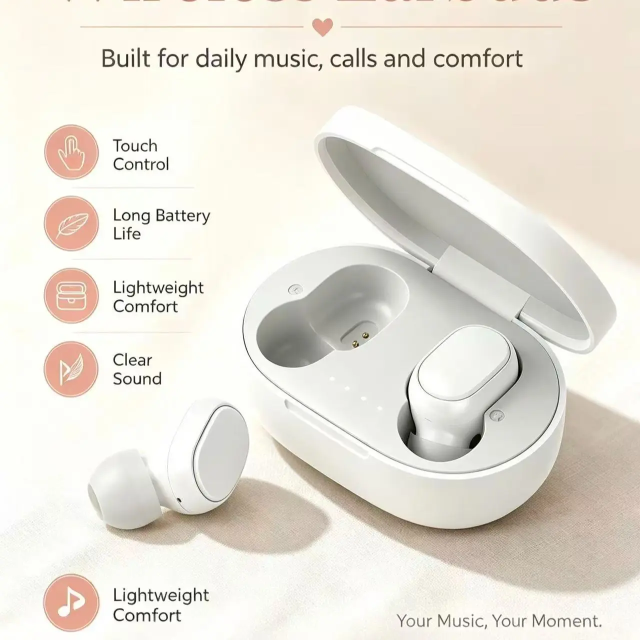 Wireless Earbuds With Portable Charging Case, Mini In-Ear Headphones, Touch Control, Lightweight Comfort, Stereo Sound Earphones For Music, Calls, Travel, Workout, Daily Use