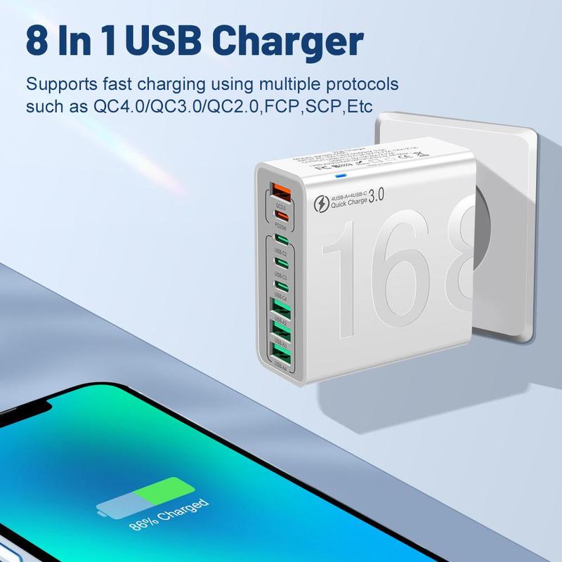 4 USB-C & 4 USB-A Fast Charging USB Hub PortableSmart 8port Charger for Multiple Devices SmartCharger for Phones, Tablets & More 4 USB-C & 4 USB-A Fast Charging USB Hub PortableSmart 8port Charger for Multiple Devices SmartCharger for Phones, Tablets & More