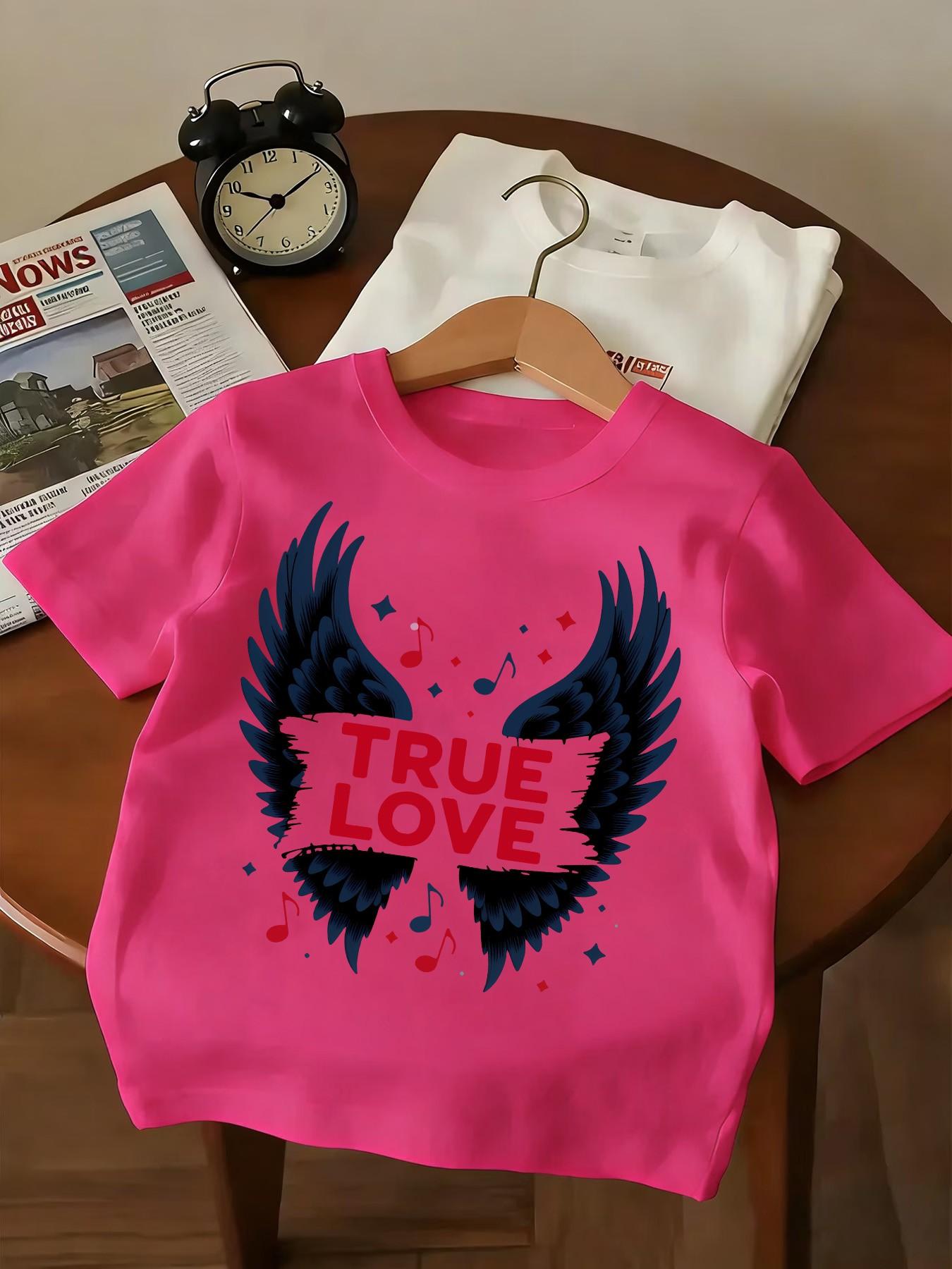 Teen Rock Style True Love Short Sleeve Tee, Deep Blue Wings True Love Print, Unisex Casual Slim Fit Round Neck T-Shirt