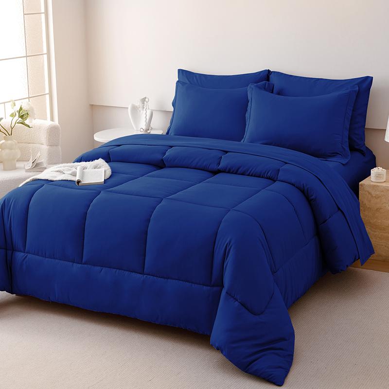 5/7pcs Luxurious Checkered Comforter, Soft Microfiber, Breathable, Easy Care for All Seasons, Bedding Set with Down Alternative Comforter, Sheets, Pillowcases & Shams, Queen And King Size