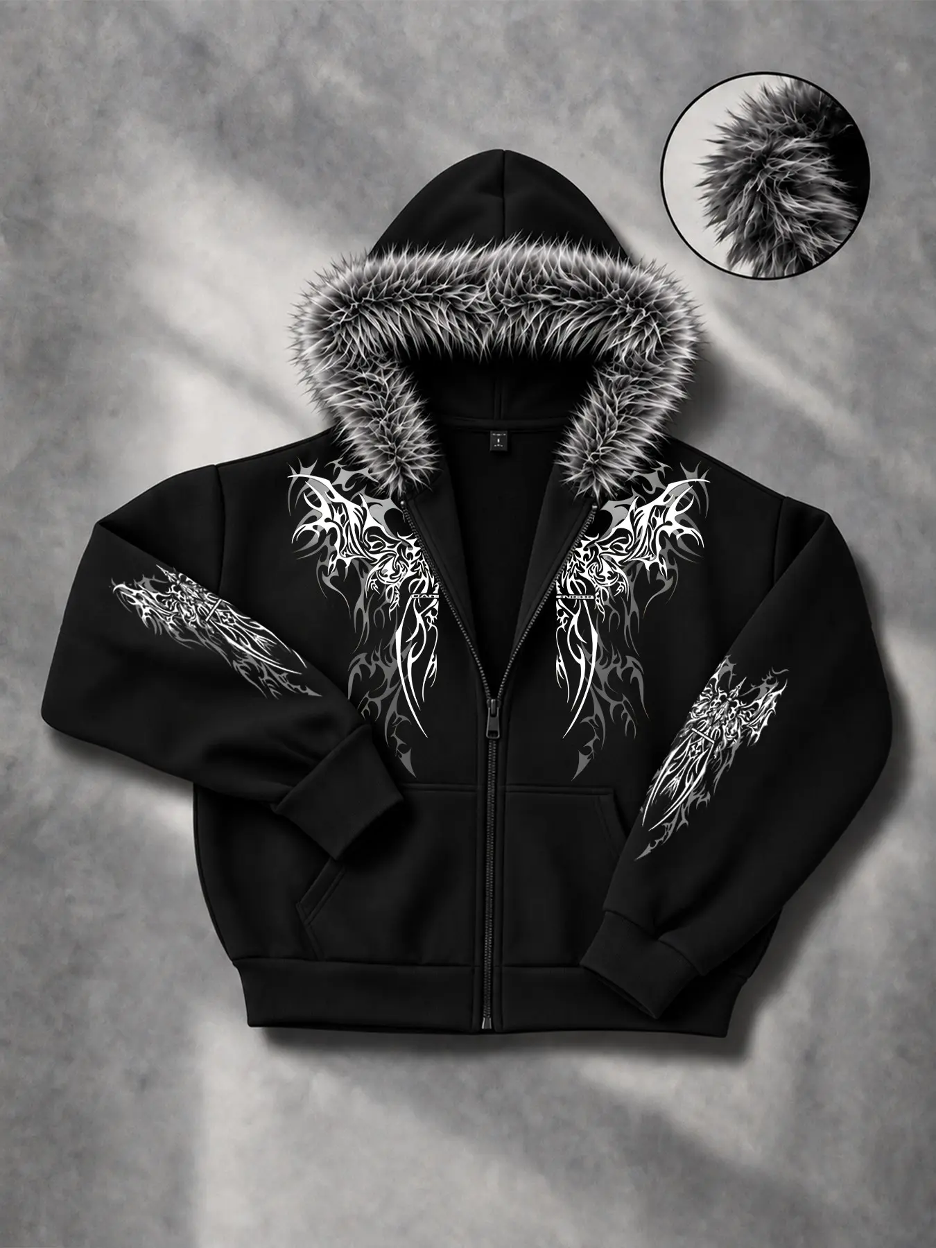 Men's Fall Winter Faux Fur Hooded Jacket, Y2K Dark Thorn Floral Cross Print, Soft Faux Fur Hood Design, Streetwear Outerwear