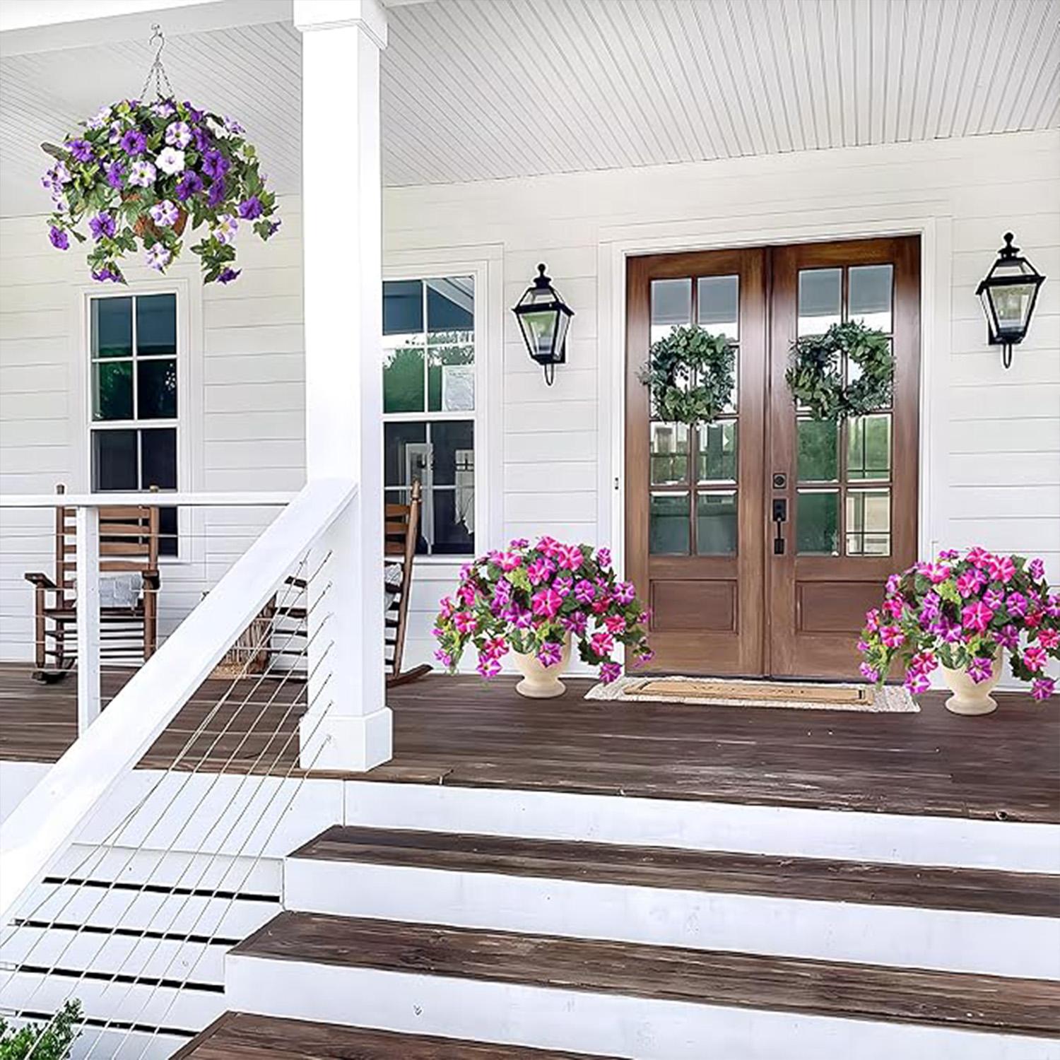 Outdoor Decor Artificial Fake Flowers Plants, 2 Pcs Realistic Petunia Silk Flowers, UV Resistant Non-Fading, Home Garden Balcony Patio Indoor Decoration, Artificial Flowers For Outside