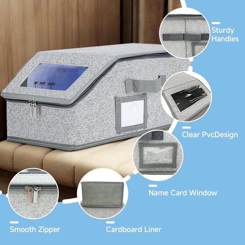 Portable Foldable Baseball Cap Storage Box with Zippered Transparent Window – Stackable, Space Saving Storage & Dustproof Hat Organizer for Home and Travel