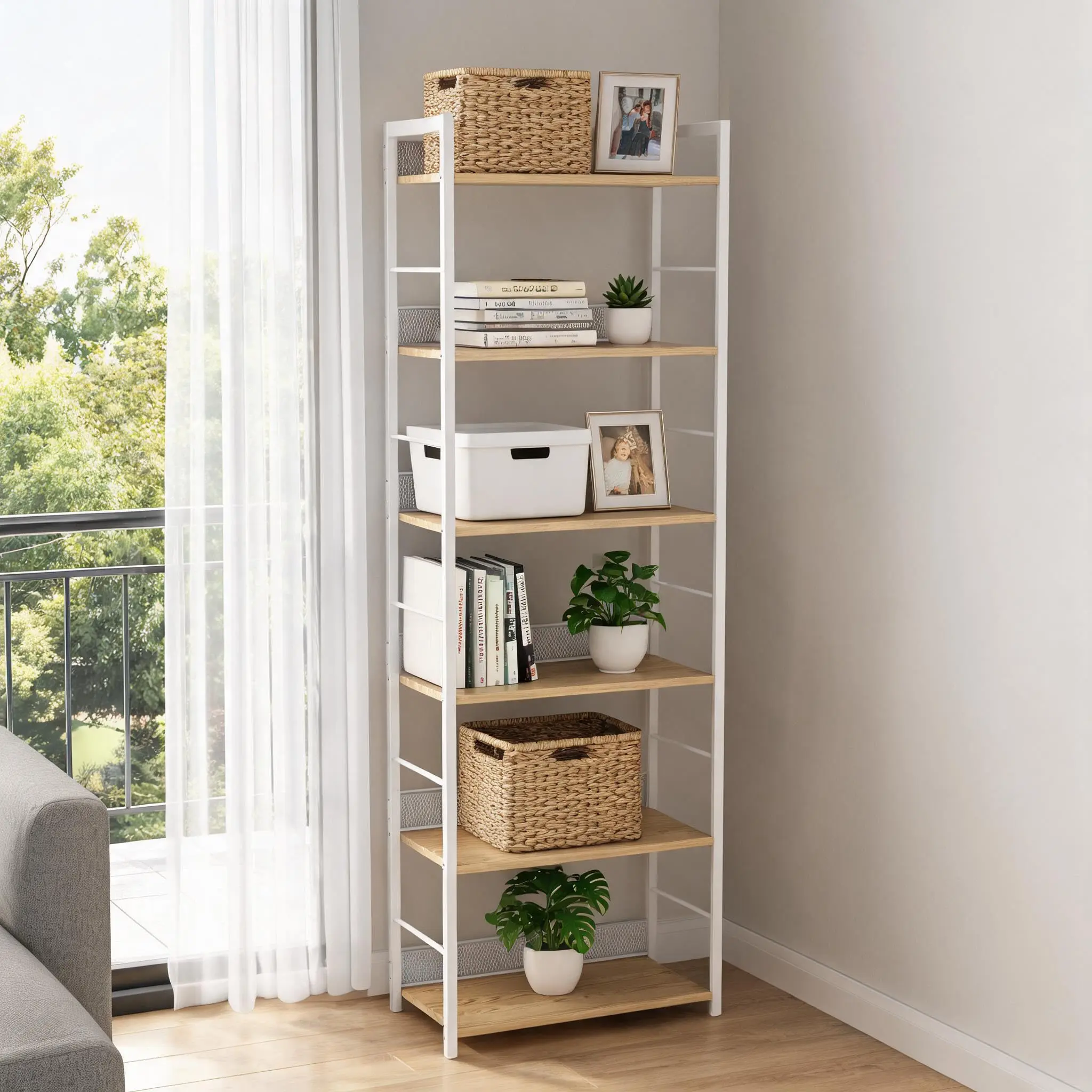 6 Tier Industrial Bookshelf with Guard Design, Metal Shelving Unit, Open Display Shelves for Living Room, Kitchen, Office, Home Organization
