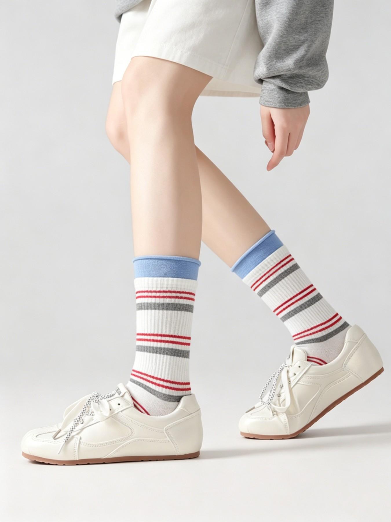 Women's Striped Five-Finger Socks, 3 Pairs Pack, Summer Comfortable Breathable High-Quality Cotton, Mid-Calf Socks for Women
