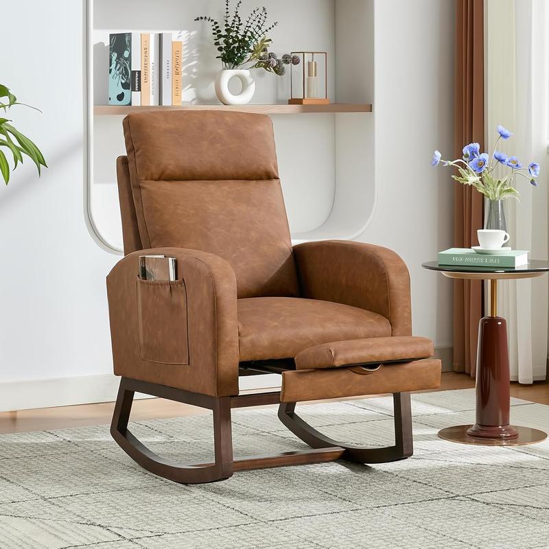 Rocking Chair Nursery with Foot Rest, Modern PU Upholstered Reading Glider Rocker Accent Armchair with High Backrest, Padded Seat, Side Pocket, for LivingRoom, Bedroom, Baby Room