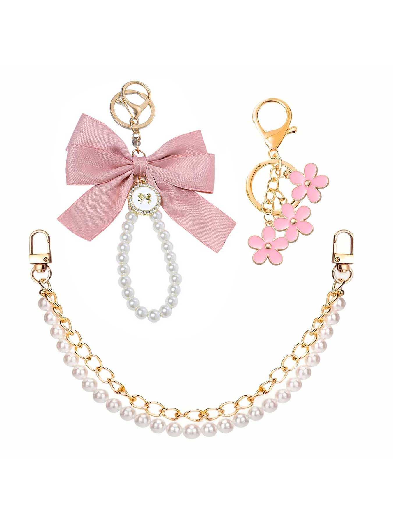 3pcs/Set Elegant Metal Bag Charms & Keychains Set-Double Layer Faux Pearl Bead & Chain Purse Charms,Decorative Bag Chain Handbag Decoration Purse Bag Extender Chain Bag Strap Purse Charms Accessories Keychain Kawaii Accessories For Bags
