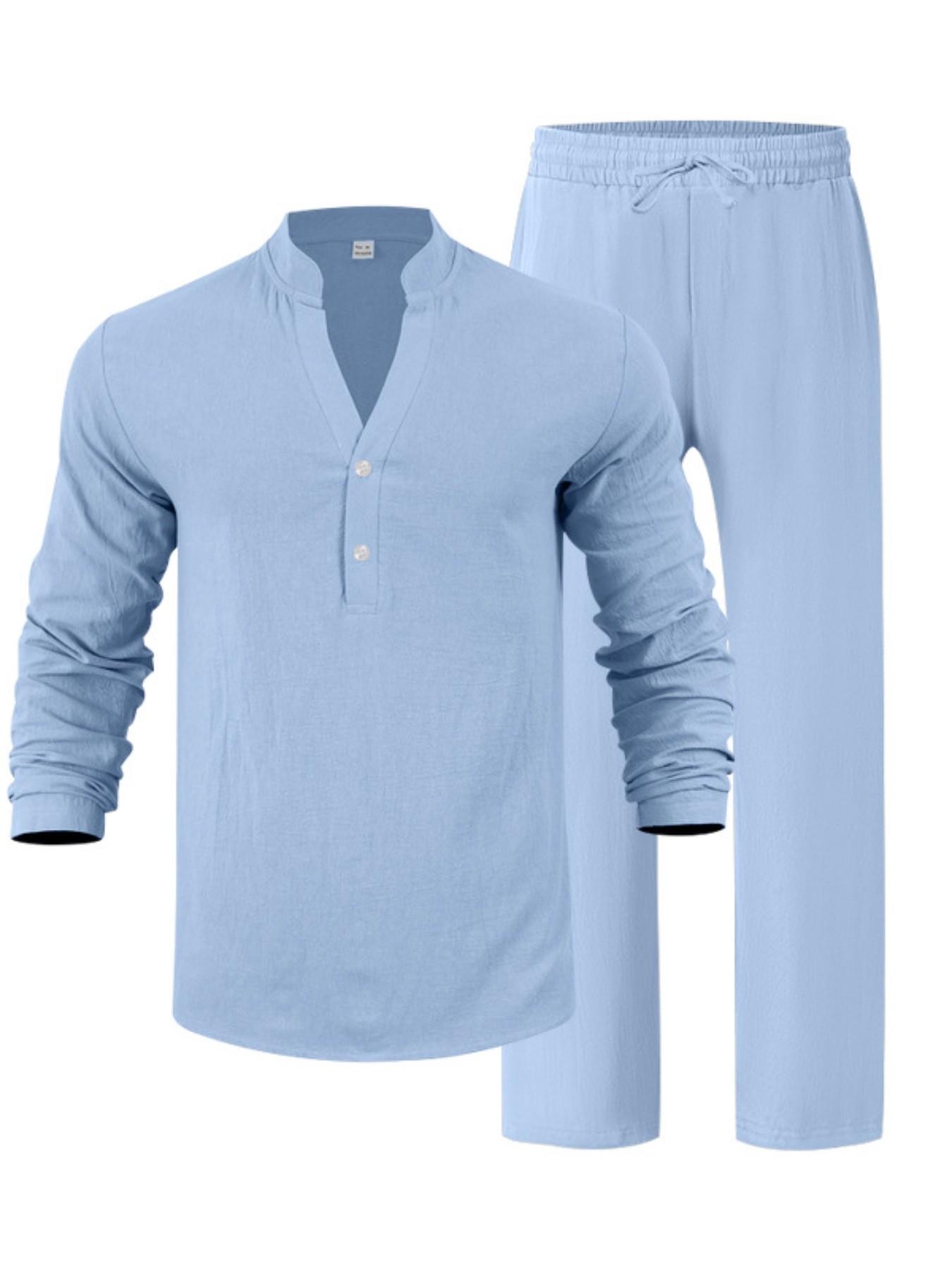 Men's Casual Linen Outfit, Loose-fit Henley Neck Long Sleeve Shirt and Pants, Comfortable and Fashionable Co-ord Set for Tropical Summer, Suitable for Beach, Vacations and Daily Wear Top Men's Casual Linen Outfit, Loose-fit Henley Neck Long Sleeve Shirt and Pants, Comfortable and Fashionable Co-ord Set for Tropical Summer, Suitable for Beach, Vacations and Daily Wear Top