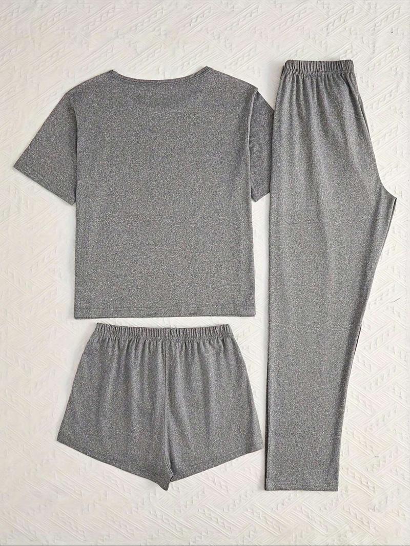 Women's Cartoon Cat Letter Print Sleepwear Set, Casual Fitted Three-Piece Pajamas, All Seasons Comfortable Nightwear, Sleep Sets