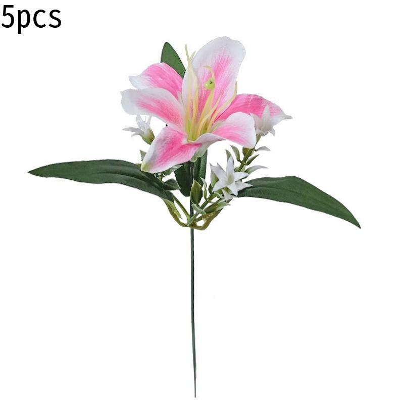 5-Piece Artificial Lily and Star Gazer Bouquet, Plastic Floral Arrangement, Decorative Handheld Flower Bundle, Realistic Fake Flowers