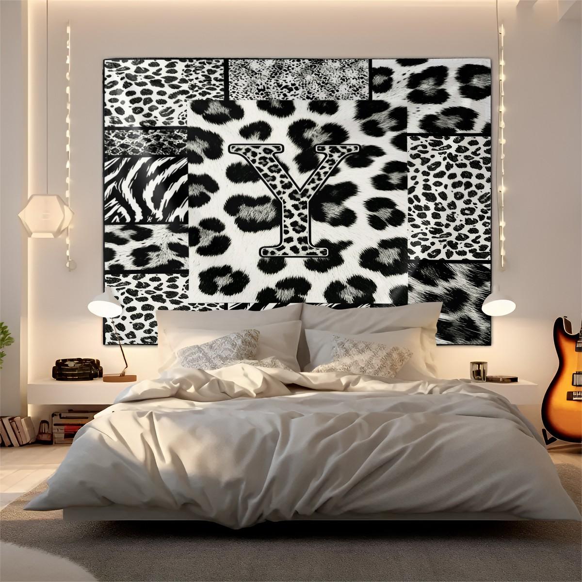 Personalized Initial Wall Tapestry, Retro Leopard Print Patchwork, Easy Care Good Shading, Suitable for Living Room Rental Wall Decor