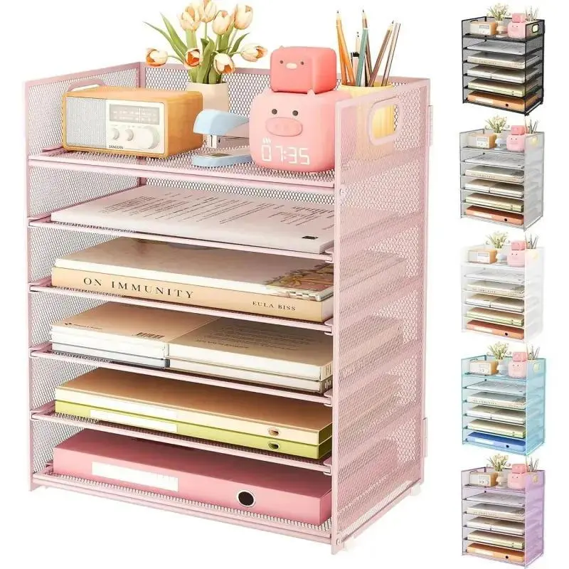 6-Tier Mesh Letter Tray with Handle - Stackable Slide Portable File Organizer, Pink Office Desk Accessories Table Organizer for Home Storage (Office Decor Included)