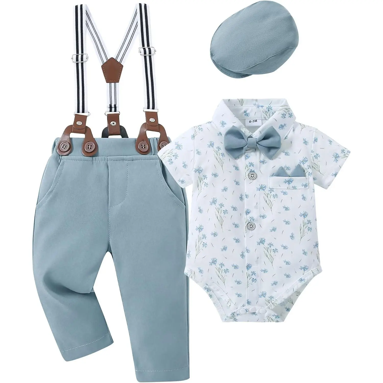 Baby Boy Gentleman Outfit Set Newborn Infant Formal Wear 0-24 Months 4-Piece Cotton Blend Short Sleeve Shirt with Beret Hat Suspenders Pants Bowtie Button Closure Sizes 0-3, 3-6, 6-12, 12-18, 18-24 MonthsGift