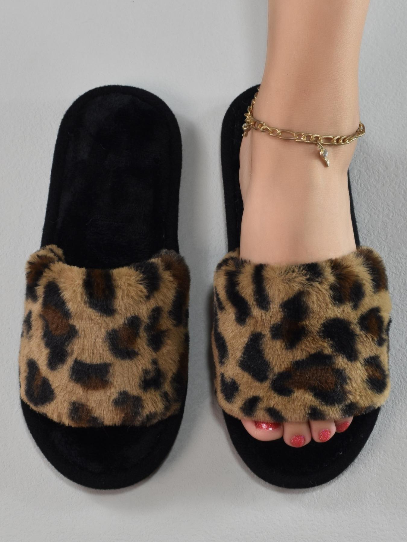 Women's Street Style Leopard Bedroom Slippers, Simple House Slippers with Open Toe Design, Casual Trendy Fluffy Fuzzy Slippers for Indoor for Fall & Winter, Footwear, Fall Outfits, Earthtone Fall Freshness, Birthday Gifts