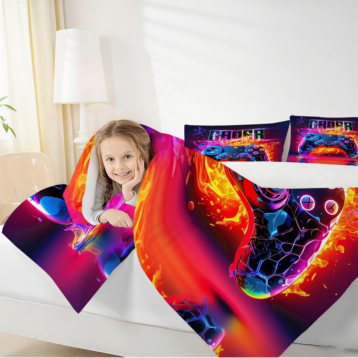 Futuristic and Energetic Gaming Controller 2/3pcs Comforter Set, Flame and Neon Light Effects Create a Dynamic and Dynamic Bedding Set, Soft and Comfortable, Personalized and Vibrant Style,Adding Allure and Fun 1 or 2 Pillowcase No Pillow Core.
