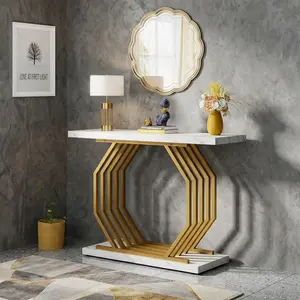 40 Inch Modern Faux Marble Console Table, White Tabletop with Golden Octagon Metal Base, Adjustable Feet Heavy Duty Narrow Sofa Accent Table, 220LBS Load Bearing Decor Display Table for Home Entryway Hallway Living Room