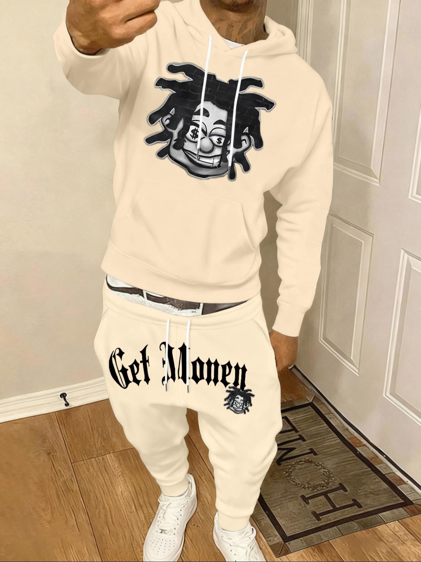 YYT1 Men's 2-Piece Fall Winter Casual Graphic Sweatshirt Set (Menswear Casual Wear), Hooded Long-Sleeve Letter Print Top + Drawstring Waist Pants, Thick Fitted Sports & Outdoor Outfit, Letter Prints