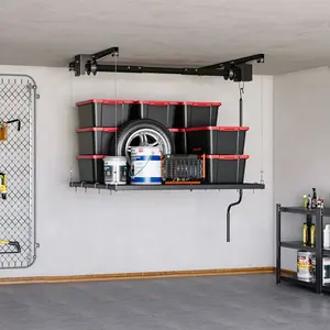 Garvee 4x4 ft Overhead Garage Rack, 250 Lb Capacity Ceiling Mount Storage with Auto-Lock, Heavy Duty Adjustable Shelving for Attic, Basement, and Indoor Organizing