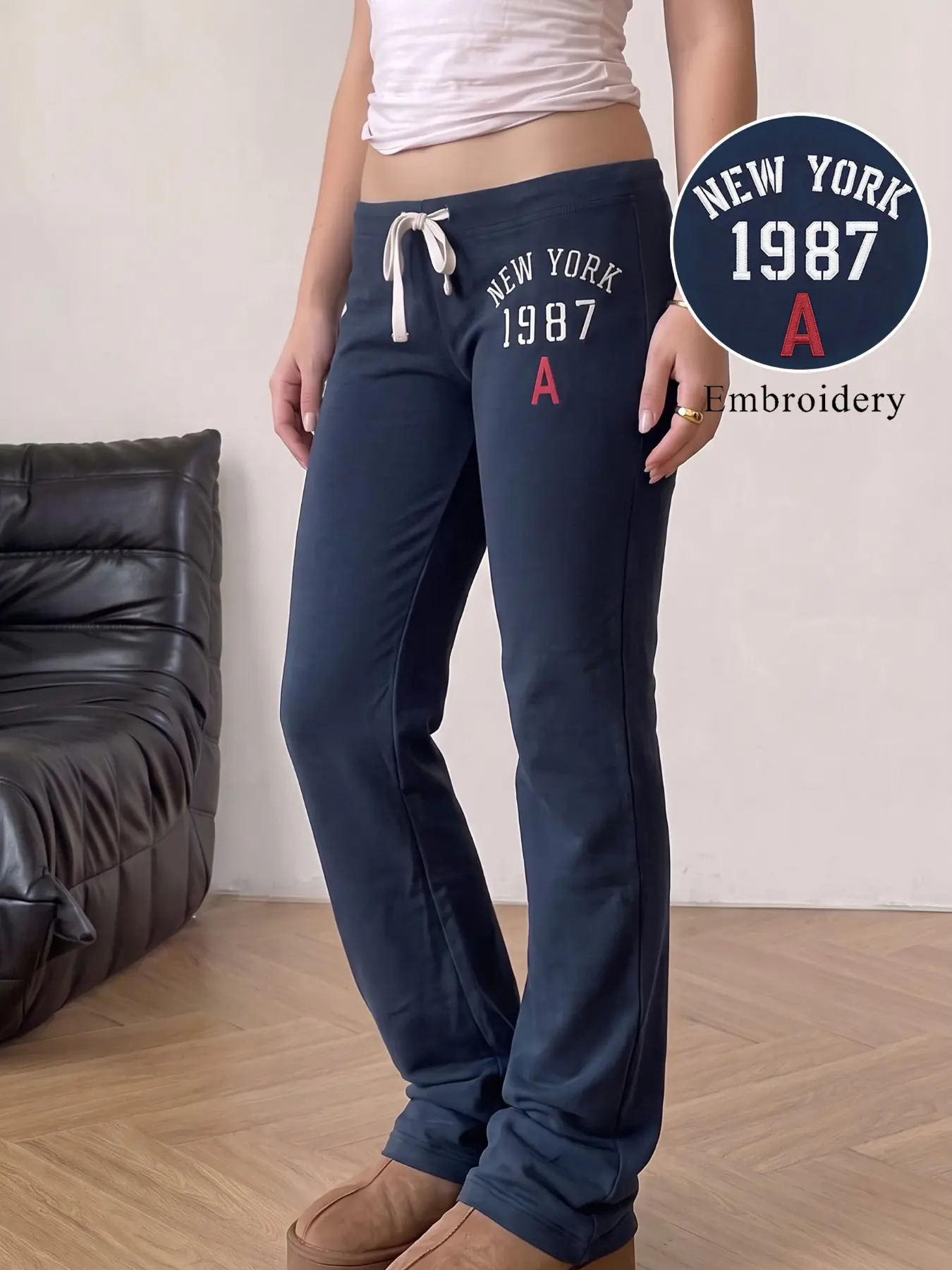 Navy Low Waist Drawstring Adjustable Micro Flare Sweatpants For Women, New York 1987 Letter Embroidery Slim Bootcut Casual Trousers, Soft Stretch Y2K Street Loungewear Pants For Daily Autumn Going Out Wear