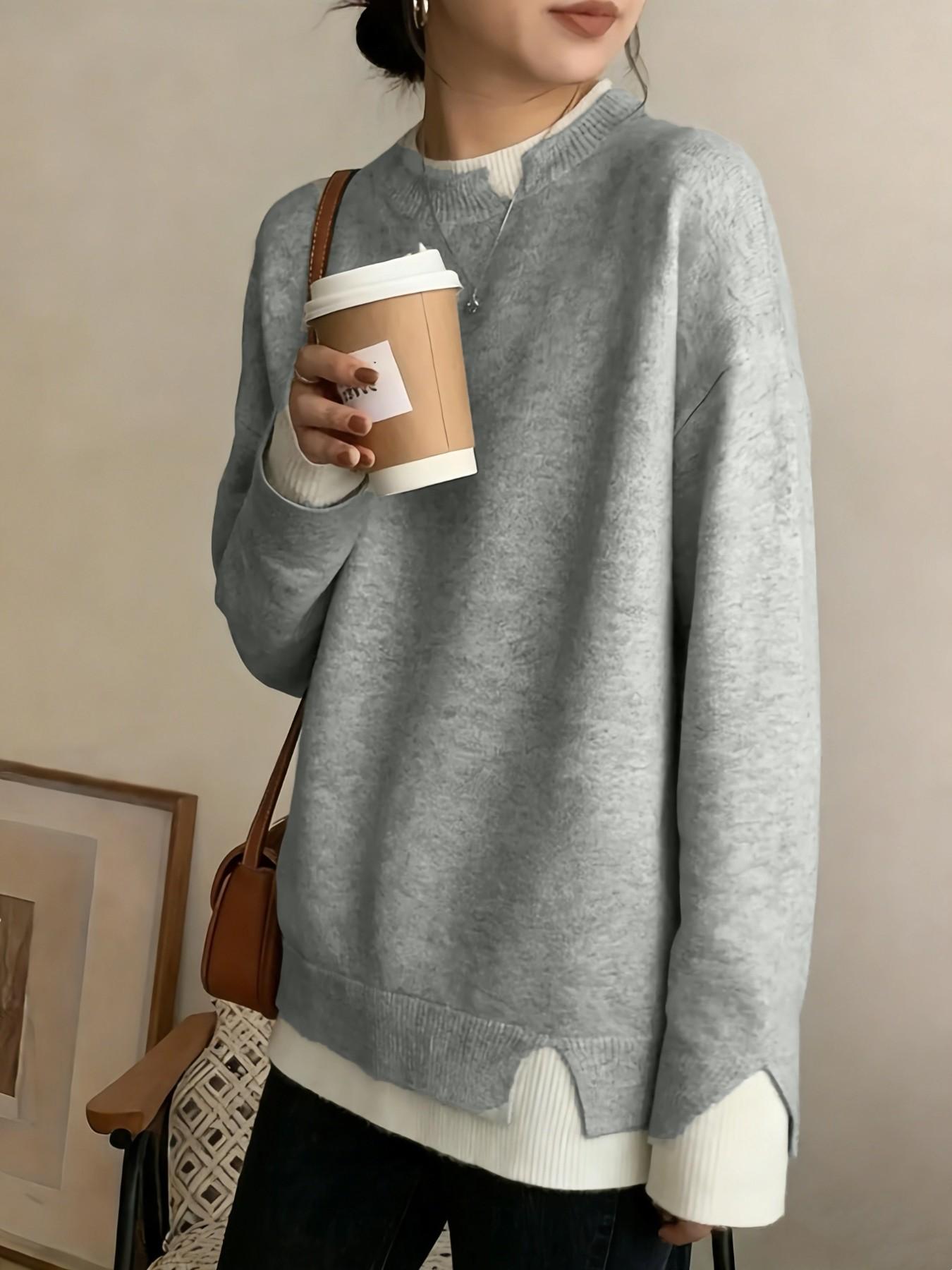 Women's Plus Size Fit Two-Piece Colorblock Long Sleeve Knit Pullover Sweater Knitwear, Elegant Casual Fashion for Spring Summer Fall Winter