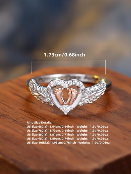 925 Sterling Silver Angel Wing Design Ring, Artificial Zircon Ring, Heart & Footprint Decorative Ring for Women, Fashion Jewelry Accessories for Daily Wear, Trendy All-match & Exquisite Jewelry for Birthday Gift, Dainty Ring