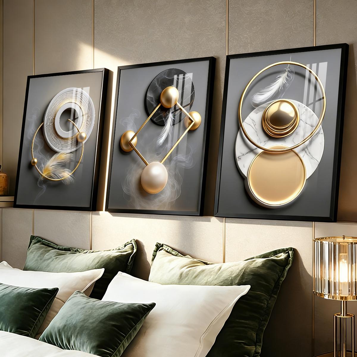 3 Counts Aluminum Alloy Framed Painting, Modern Abstract Geometric Gold And Feather Art Pictures, Home Decoration For Living Room, Bedroom, Office, Restaurant, Hallway Wall Decor, Odorless Print Artwork, Luxury Perfect Gift For Friends And Family