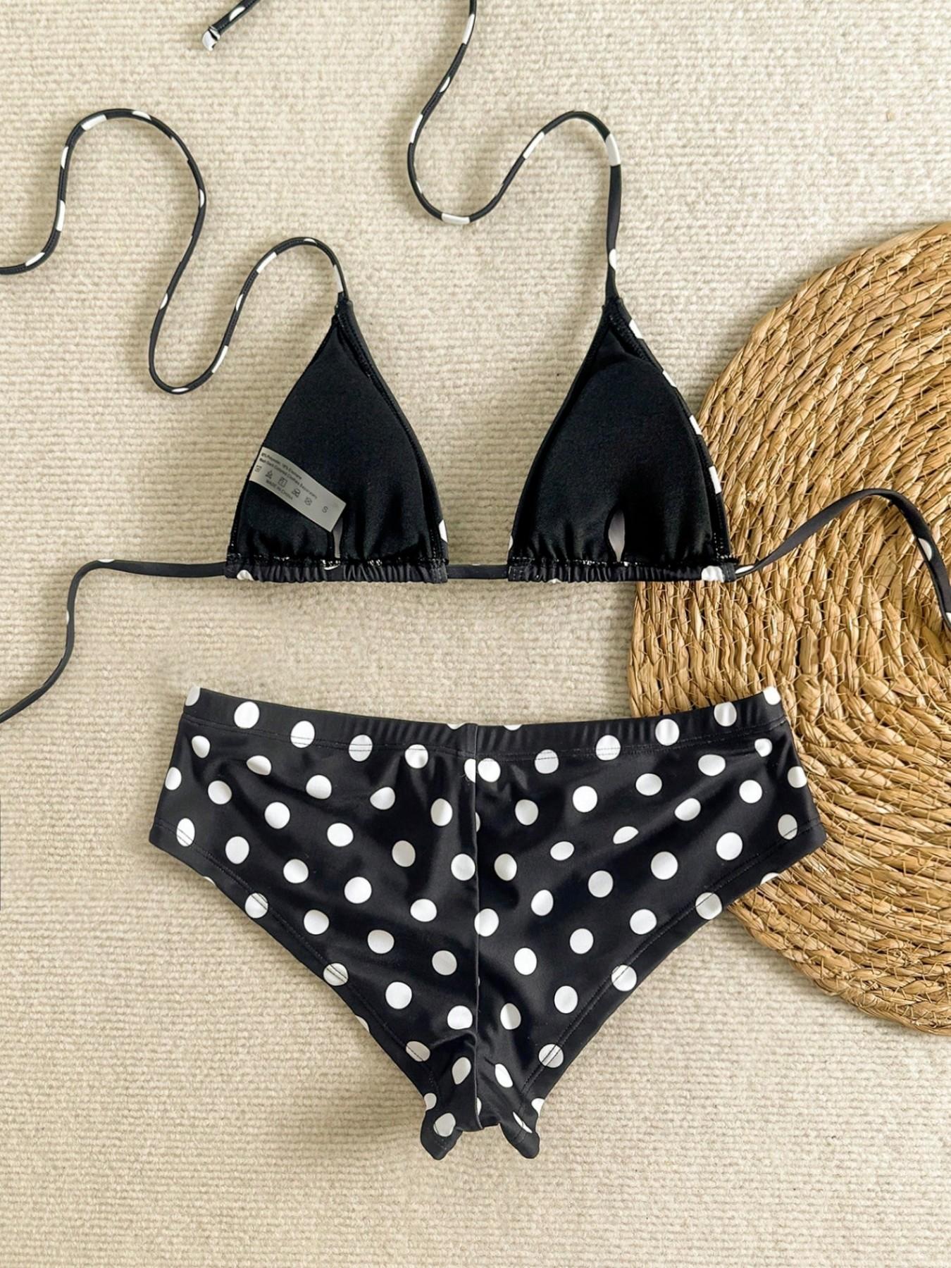 Women's Two-Piece Swimsuit Set, Vacation Beach Wear, Swimsuit Style Bikini, Comfortable Fit, Sexy Halter Polka Dot Bow, Ideal for Pool Party