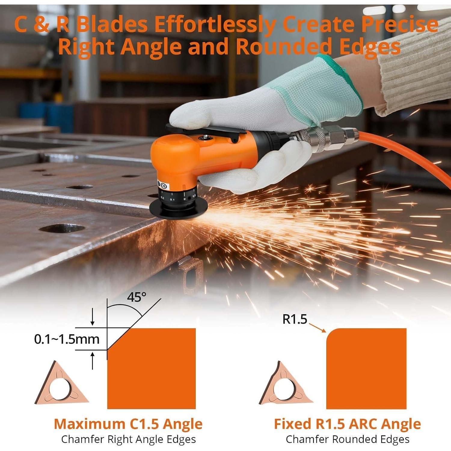 Pneumatic Chamfer Air Deburring Tool Complete Kit - 30000 RPM, 4-Speed Control, 0.1-1.5mm Tungsten Carbide R-Round/C-Square (22 Pcs), Quick Change Design for Metal, PVC