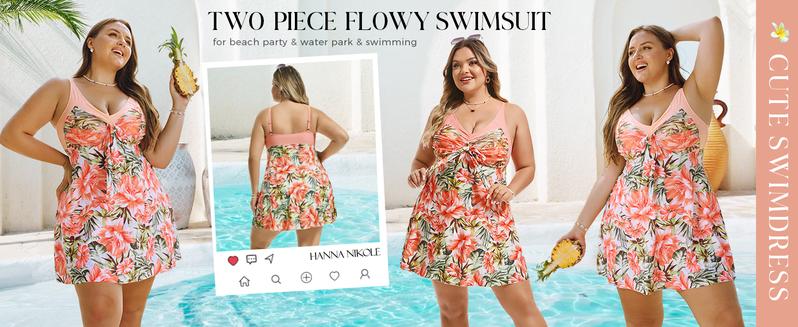 【12-28W】Hanna Nikole Women's Two Piece Swim Dress Plus Size Tummy Control Tankinis Swimdress Floral Printed Swimwear Swimsuits with Boyshort