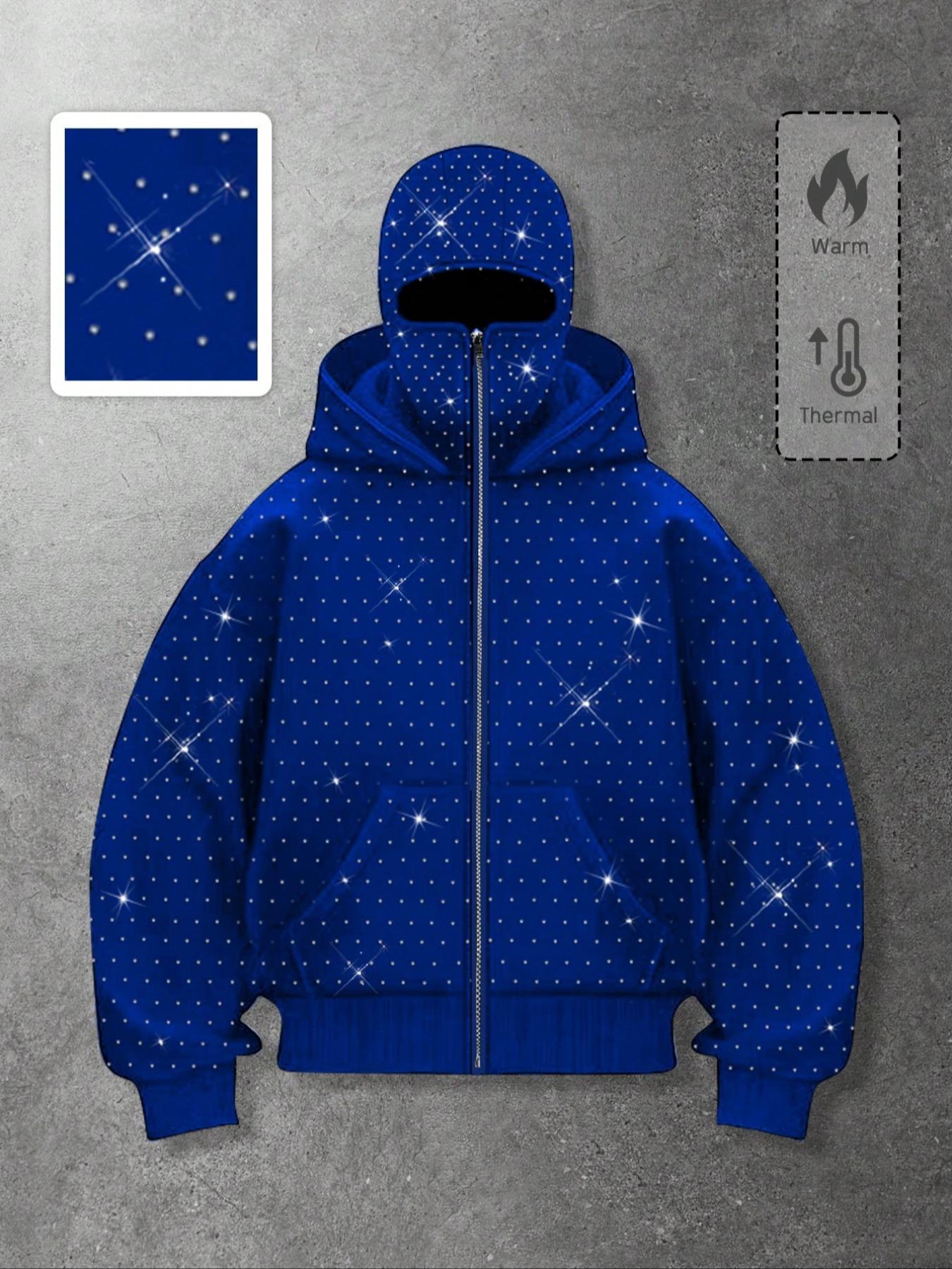 Men's Street Style Rhinestone HooMen's Street Style Rhinestone Hooded Sweatshirt, Pocket and Zip Design, Fall & Winter Wear, Geometric Pattern, Fitted Fitded Sweatshirt, Pocket and Zip Design, Fall & Winter Wear, Geometric Pattern, Fitted Fit