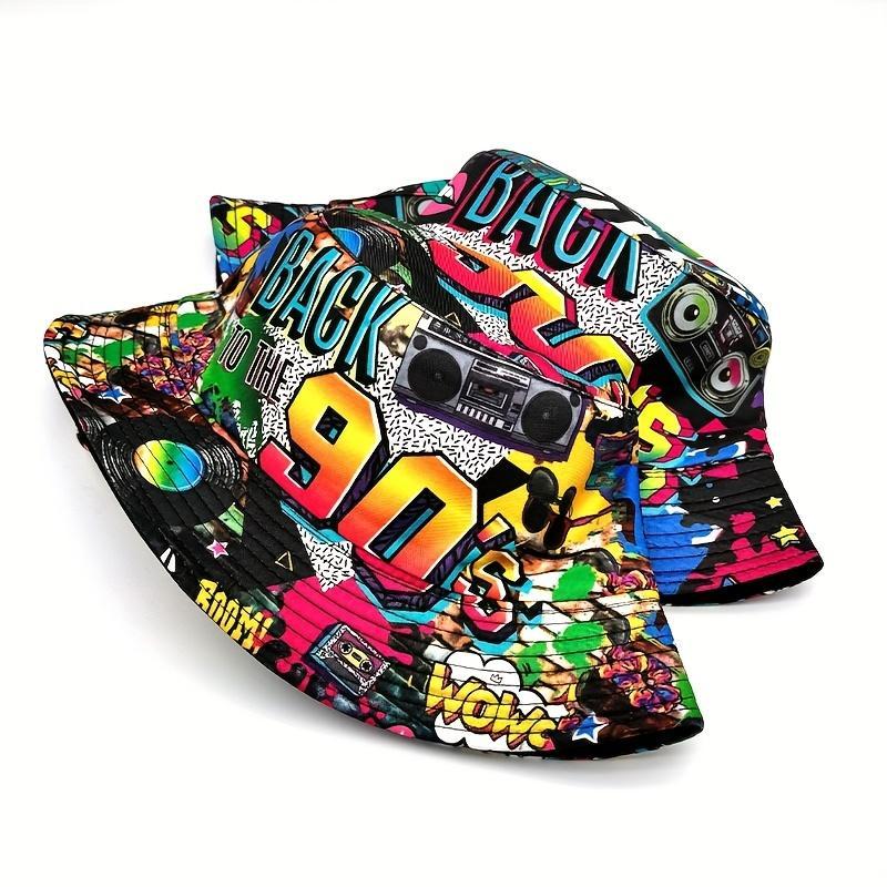 Vintage Unisex Floral Snapback Bucket Hat - 80s Design Polyester Beach Cap, Colorful Retro Multi Color Festival Inspired Printed Graphic Hat, Ideal for Beach Trips & Casual Outings, Snapback Hat, Colorful Retro Hats