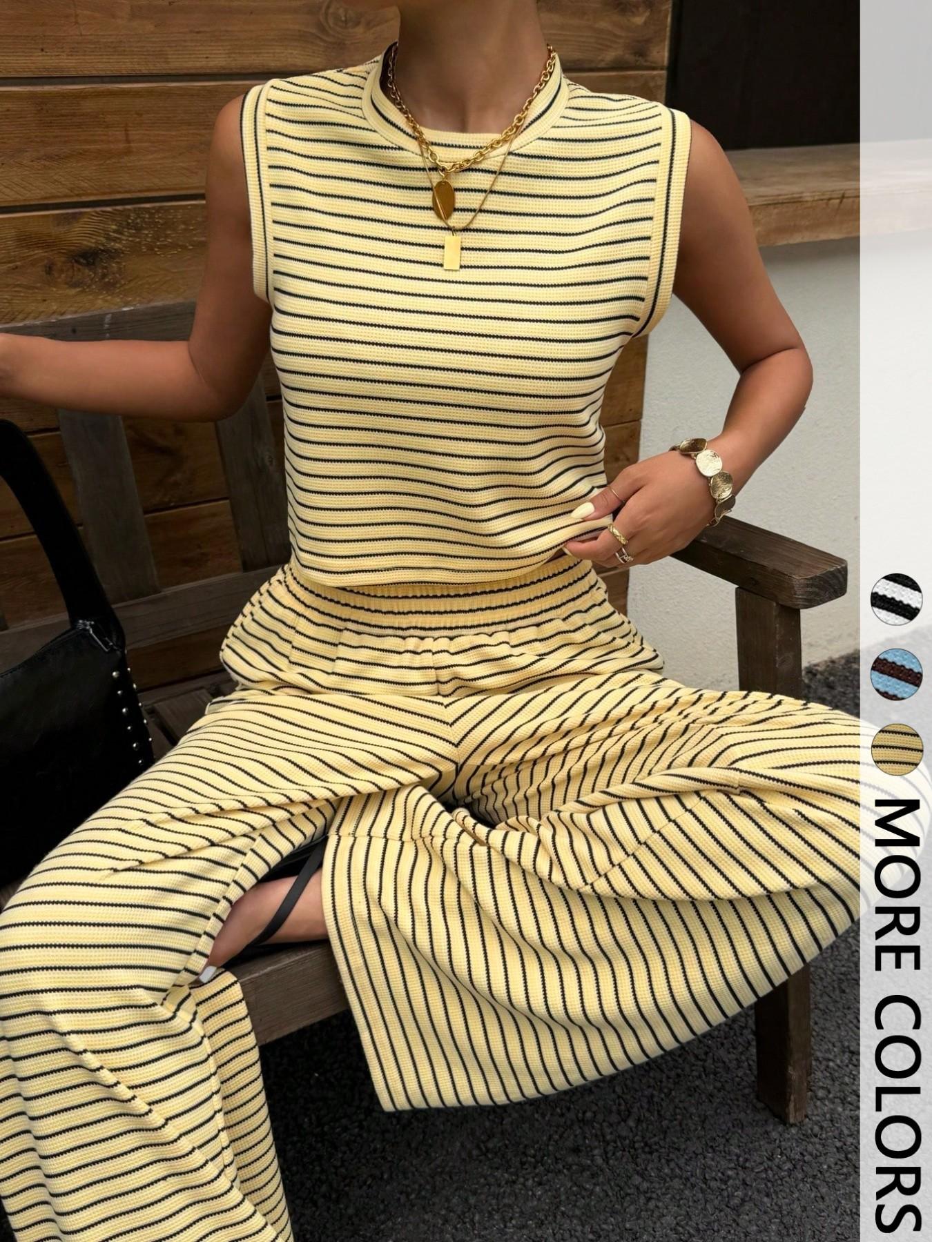 Summer Striped Two-Piece Set, Loose Round Neck Sleeveless Tank Top, Elastic Waist Casual Vacation, Comfortable Home Wear