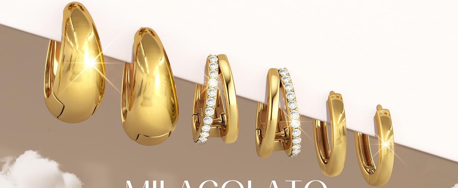 3 Pairs Small 14K Gold Plated Hoop Earrings for Women Trendy Hypoallergenic Silver Earring Stacks Huggie Hoops Earring Sets for Multiple Piercing Chunky Double Hoop Jewelry Lightweight