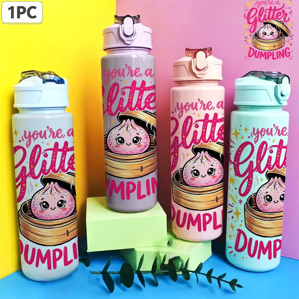 1pc Adorable Dumpling Sparkly Playful English Print, 750Ml/26Oz Colorful Plastic Sports Water Bottle, Travel Cup, Cute Printed Design, Leak-Proof with Pop-Up Lid, Suitable for Outdoor Sports, Camping, Travel, Fitness, Ideal Gift for Birthdays