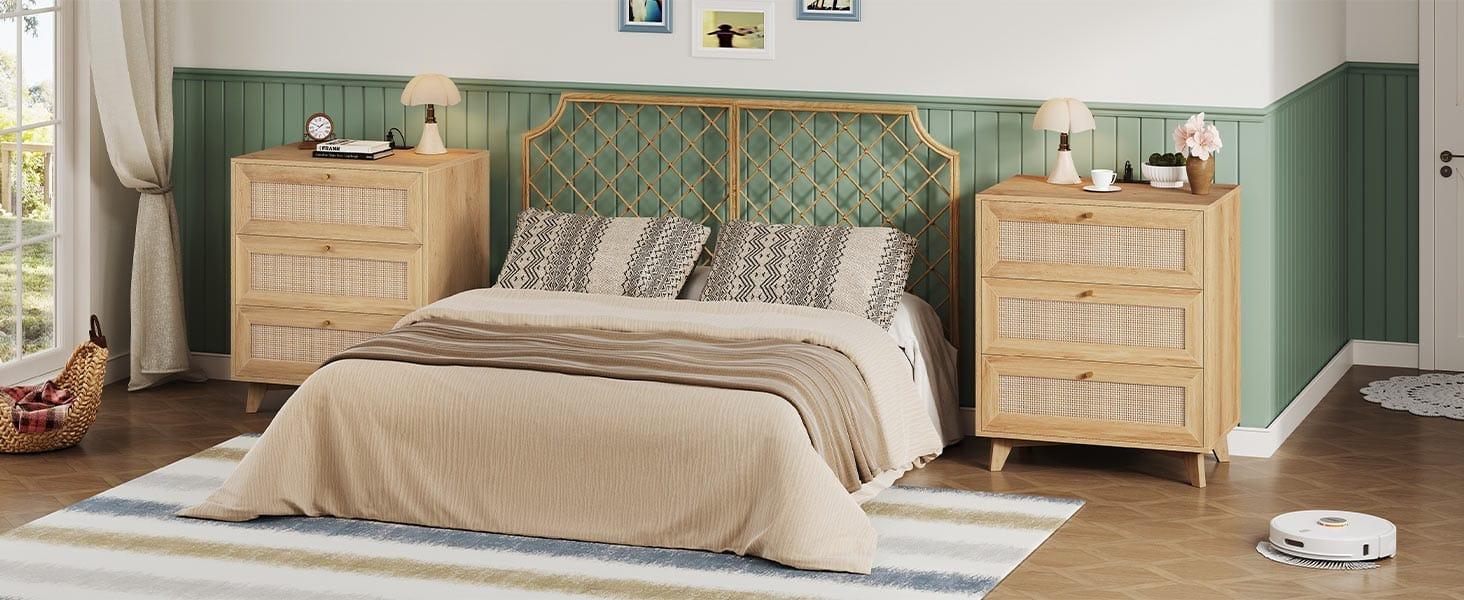 Sikaic Rattan Nightstand with Charging Station Boho Bedside Table with 3 Large Wicker Decorated Drawers Wooden Furniture Sikaic Rattan Nightstand with Charging Station Boho Bedside Table with 3 Large Wicker Decorated Drawers Wooden Furniture