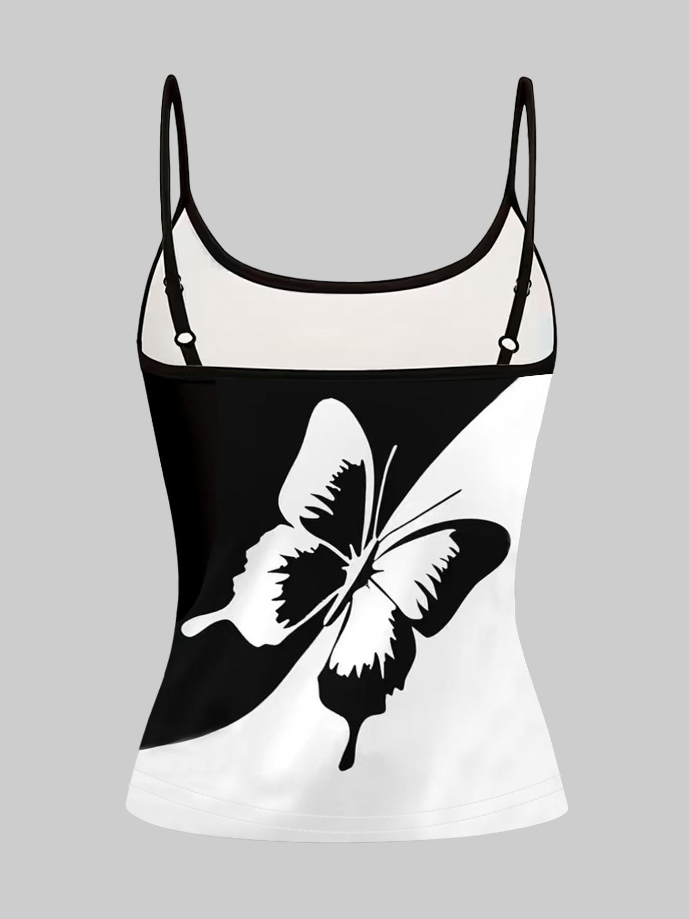 Simple Butterfly Line Print Adjustable Straps, Casual Sleeveless Slim-Fitting Top, Three-Piece Set for Home and Outdoors