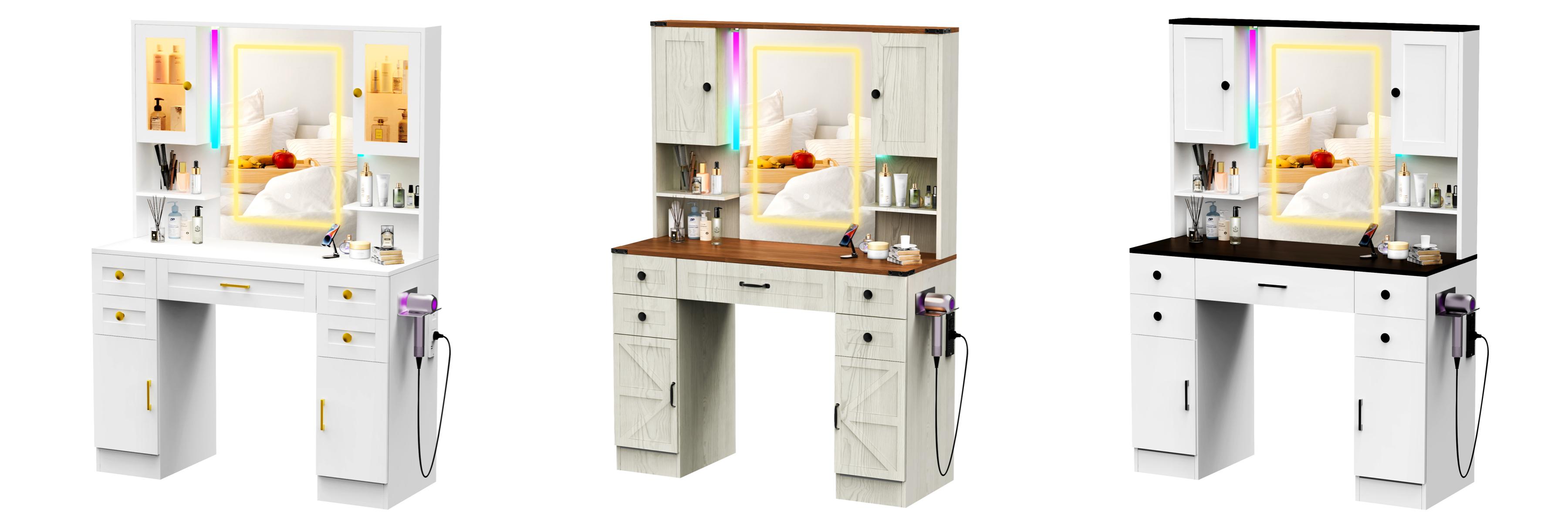 [Valentine's Day gift] LHBcraft Makeup Vanity with 16 RGB Colors LED Lights, Adjustable Dressing Table with LED Lights, Vanity Mirror Desk with Ample Storage& Charging Station