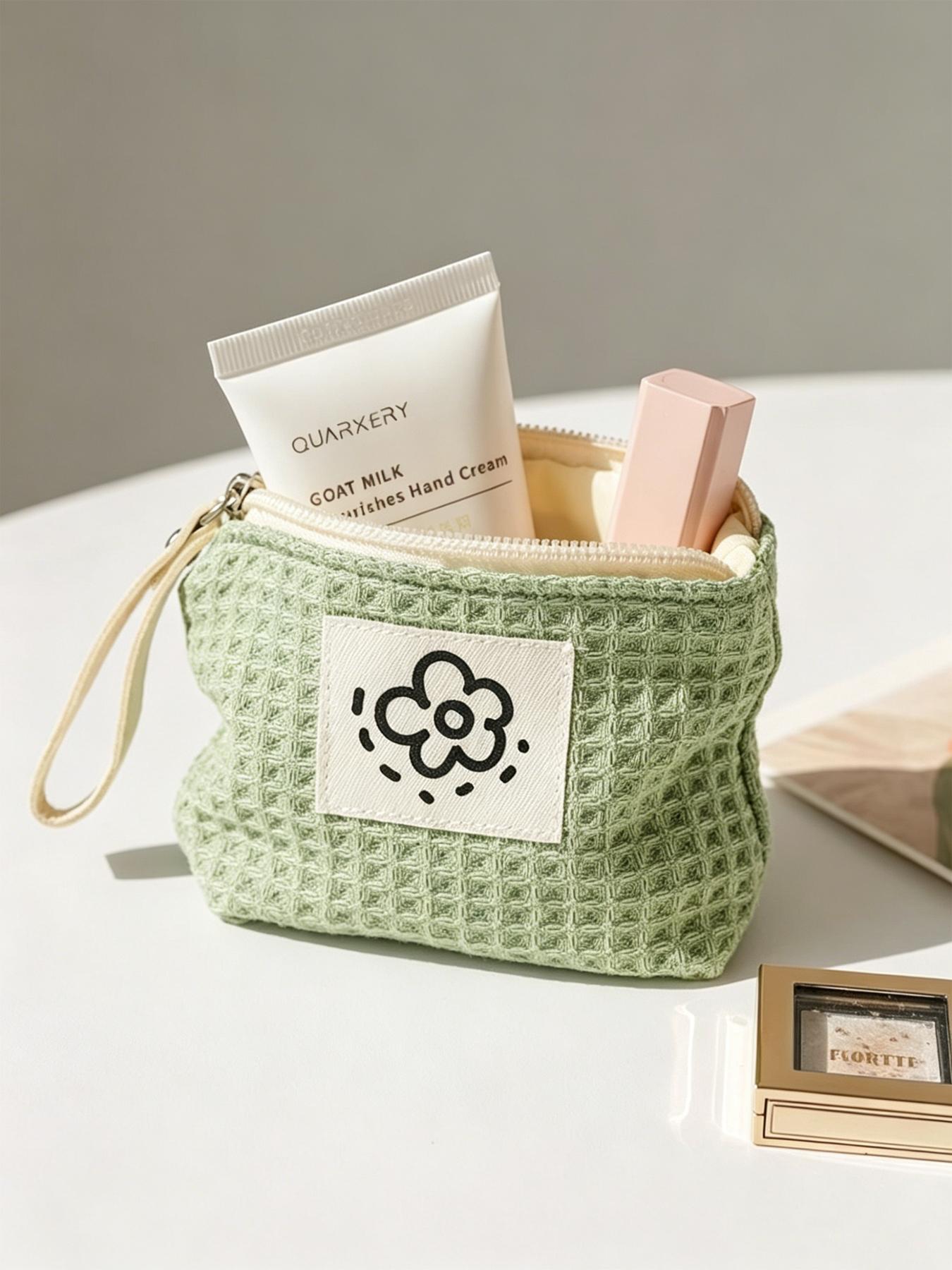 Cute Sunflower Weave Mini Zipper Pouch, Floral Patch Small Cosmetic Bag, Makeup Bags, Portable Coin Purse for Lipstick, Cards & Keys, Soft Cotton Travel Organizer, Travel Essentials Makeup Pouch