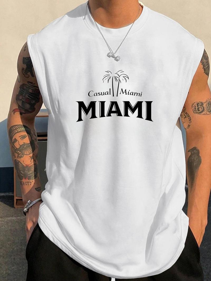 Men's Oversized Sleeveless Tank Top - "Casual Miami" Text & Palm Tree Graphic, Streetwear Style, Comfortable Fabric, Daily & Vacation Casual Outfits