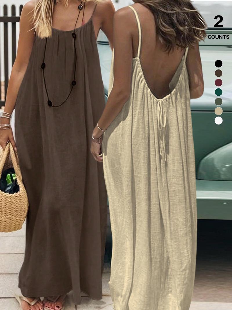 Women's Plain Backless Long Dress, Elegant Sleeveless Loose-Fitting Sleepwear, All Seasons Casual Wear