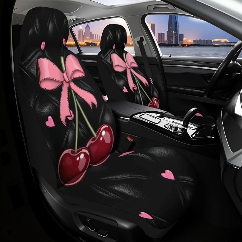 Two-piece cherry design, pink bow on a black background for the front seat cover. Perfect for individual front car seats. It is a practical gift suggestion for vehicle operators and owners.